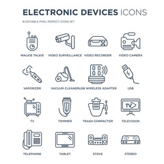 16 linear Electronic devices icons such as Walkie talkie, video surveillance, Tablet, Telephone, Television, stereo modern with thin stroke, vector illustration, eps10, trendy line icon set.
