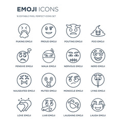 Obraz premium 16 linear Emoji icons such as Puking emoji, Proud Liar Love Lying Laugh emoji modern with thin stroke, vector illustration, eps10, trendy line icon set.
