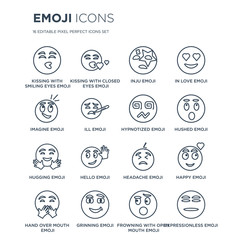 16 linear Emoji icons such as Kissing With Smiling Eyes emoji, Closed Grinning emoji modern with thin stroke, vector illustration, eps10, trendy line icon set.