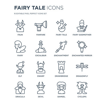 16 linear Fairy Tale icons such as Faun, Fanfare, Devil, Dracula, Dragonfly, Cyclops, Fairy, Elf, enchantment modern with thin stroke, vector illustration, eps10, trendy line icon set.