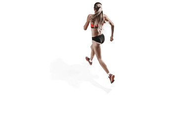 Fototapeta na wymiar The one caucasian female silhouette of runner running and jumping on white studio background. The sprinter, jogger, exercise, workout, fitness, training, jogging concept. Back view