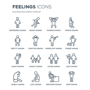 16 Linear Feelings Icons Such As Refreshed Human, Ready Lazy Lonely Lost Inspi Human Modern With Thin Stroke, Vector Illustration, Eps10, Trendy Line Icon Set.