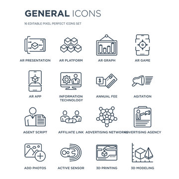 16 linear general icons such as ar presentation, platform, active sensor, add photos, advertising agency modern with thin stroke, vector illustration, eps10, trendy line icon set.