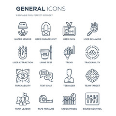 16 linear General icons such as water sensor, user engagement, tape measure, team leader, target, sound control modern with thin stroke, vector illustration, eps10, trendy line icon set.