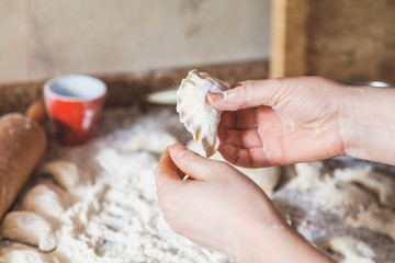 hands of woman make dumpling over granite table