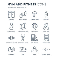 16 linear Gym and fitness icons such as Locker, Kettlebells, Gym, bars, gym Ladder, Wheel, Hydratation modern with thin stroke, vector illustration, eps10, trendy line icon set.