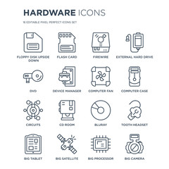 16 linear hardware icons such as Floppy Disk Upside Down, Flash Card, Big Satellite, Tablet, tooth Headset modern with thin stroke, vector illustration, eps10, trendy line icon set.