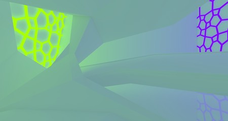 Abstract  white Futuristic Sci-Fi interior With Violet And Green Glowing Neon Tubes . 3D illustration and rendering.