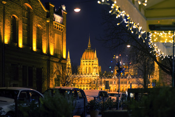 Budapest street view with Hungarian Parliament dome at night