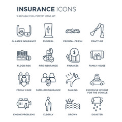 Naklejka premium 16 linear Insurance icons such as Glasses insurance, Funeral, Elderly, Engine problems modern with thin stroke, vector illustration, eps10, trendy line icon set.