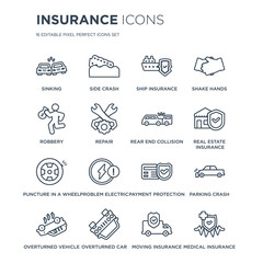 16 linear Insurance icons such as Sinking, Side crash, Overturned car, vehicle, Parking crash modern with thin stroke, vector illustration, eps10, trendy line icon set.