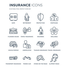 16 linear Insurance icons such as Safe, Retirement, Towed car, Transport insurance, Travel Slippery road modern with thin stroke, vector illustration, eps10, trendy line icon set.