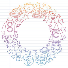 Fototapeta premium Vector set of space elements icons in doodle style. Painted, drawn with a pen, on a sheet of checkered paper on a white background.
