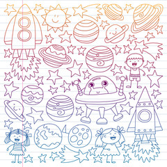 Vector set of space elements icons in doodle style. Painted, drawn with a pen, on a sheet of checkered paper on a white background.
