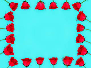 Red roses forming a frame with copyspace for text message over a blue flatlay background.  Saint Valentine, Mothers day, Wedding and other celebration concepts.