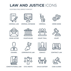 16 linear law and justice icons such as criminal law, Criminal database, civil rights, constitutional contract modern with thin stroke, vector illustration, eps10, trendy line icon set.