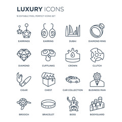 16 linear Luxury icons such as Earrings, Earring, Bracelet, Brooch, Business man, Bodyguard, Diamond, Cigar, Crown modern with thin stroke, vector illustration, eps10, trendy line icon set.