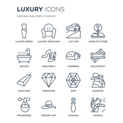 16 linear Luxury icons such as luxury Dress, Armchair, Fedora hat, Fragrance, Ganster, Famous, Jacuzzi modern with thin stroke, vector illustration, eps10, trendy line icon set.