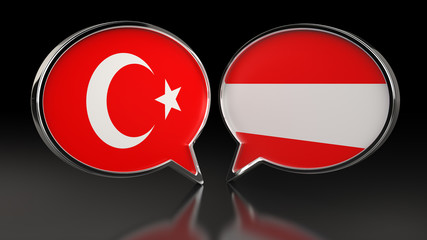 Turkey and Austria flags with Speech Bubbles. 3D illustration