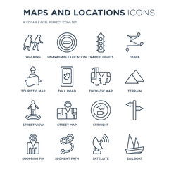 Obraz premium 16 linear Maps and Locations icons such as Walking, Unavailable Location, Segment Path, Shopping Pin, , Sailboat modern with thin stroke, vector illustration, eps10, trendy line icon set.