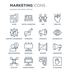 16 linear Marketing icons such as Flyer, Digital marketing, Advertisement, Affiliate, Announcer, Ad blocker modern with thin stroke, vector illustration, eps10, trendy line icon set.