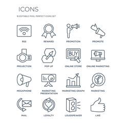 16 linear  icons such as Rss, Reward, Loyalty, Mail, Marketing, Like, Projection, Megaphone, Online store modern with thin stroke, vector illustration, eps10, trendy line icon set.