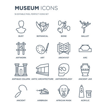16 linear Museum icons such as Bust, Botanical, Airbrush, Ancient, Ancient jar, Acrylic, Artwork modern with thin stroke, vector illustration, eps10, trendy line icon set.