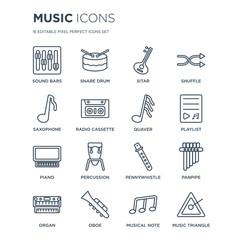 16 linear Music icons such as Sound bars, Snare drum, Oboe, Organ, Panpipe, music Triangle, Saxophone, Piano, Quaver modern with thin stroke, vector illustration, eps10, trendy line icon set.