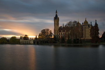 Long time exposure of sceninc Sunset behind Schwerin Castle