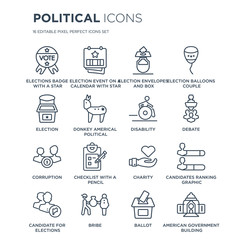 16 linear Political icons such as Elections badge with a star, Election event on calendar Bribe modern thin stroke, vector illustration, eps10, trendy line icon set.
