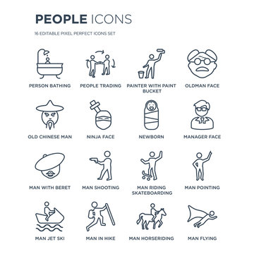 16 linear People icons such as Person Bathing, Trading, Man in Hike, man Jet ski, pointing, Flying modern with thin stroke, vector illustration, eps10, trendy line icon set.