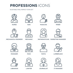 16 linear Professions icons such as Nurse, Nun, Lawyer, Librarian, Lumberjack, IT Manager, Mechanical Engineer modern with thin stroke, vector illustration, eps10, trendy line icon set.