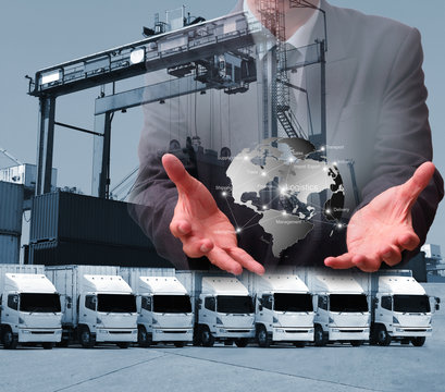 Double exposure of man with Transportation, import-export and logistics concept