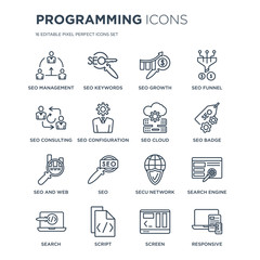 16 linear Programming icons such as Seo Management, SEO Keywords, Script, Search, Search engine, Responsive modern with thin stroke, vector illustration, eps10, trendy line icon set.