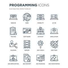 16 linear Programming icons such as Web de, Web, SEO report, Reputation, seo Tags, Monitoring, Testing modern with thin stroke, vector illustration, eps10, trendy line icon set.