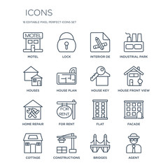 16 linear  icons such as Motel, Lock, Constructions, Cottage, Facade, Agent, Houses, Home repair, House Key modern with thin stroke, vector illustration, eps10, trendy line icon set.
