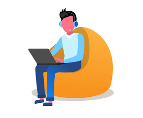 A man in an armchair with a laptop and in headphones. Teamwork and communication between co-workers, friendly environment. Vector flat style cartoon business concept illustration on white background