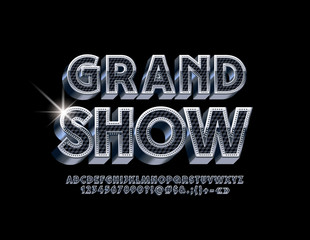 Vector luxury Logo Grand Show. Black and Silver 3D Font. Set of stylish Alphabet Letters, Numbers and Symbols.