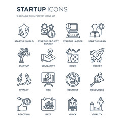 16 linear Startup icons such as startup Shield, Project Search, Rate, Reaction, Resources, Quality, modern with thin stroke, vector illustration, eps10, trendy line icon set.