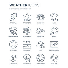 16 linear Weather icons such as Rainfall, Raindrops, Light bolt, Lightning, meteorology, Isobars, precipitation modern with thin stroke, vector illustration, eps10, trendy line icon set. - obrazy, fototapety, plakaty