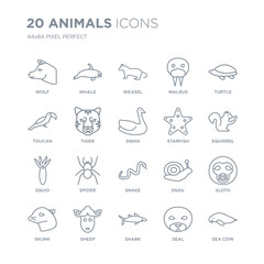Collection of 20 animals linear icons such as Wolf, Whale, Shark, Sheep, skunk, Turtle, Starfish, Snake, Squid, Tiger line icons with thin line stroke, vector illustration of trendy icon set.