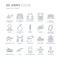 Collection of 20 Army linear icons such as Camouflage military clothing, Bulletproof Vest, Airplane Bomb, AK 47, Armo Vehicle line icons with thin line stroke, vector illustration of trendy icon set.
