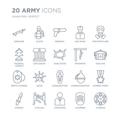 Collection of 20 Army linear icons such as Grenade, , chevrons, civilian, combat, fighter plane, Dynamite, conscription line icons with thin line stroke, vector illustration of trendy icon set.
