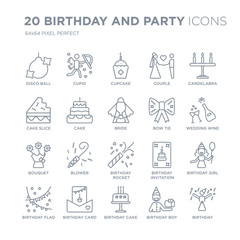 Collection of 20 Birthday and Party linear icons such as Disco ball, Cupid, cake, card, Flag line icons with thin line stroke, vector illustration of trendy icon set.
