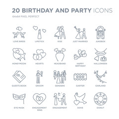 Collection of 20 Birthday and Party linear icons such as Love Birds, Lipstick, Engagement, Engagement ring, Eye mask, Jukebox line icons with thin line stroke, vector illustration of trendy icon set.