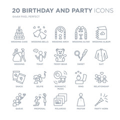 Collection of 20 Birthday and Party linear icons such as Wedding cake, Bells, Polaroid, Proposal, Queue, wedding Album line icons with thin line stroke, vector illustration of trendy icon set.