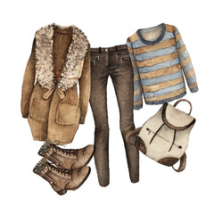 Watercolor Fashion Illustration. set of trendy accessories. Lovely Autumn, coat, sweater, backpack, shoes,jeans