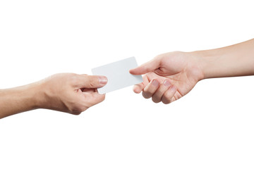 Hand giving a blank card or a ticket/flyer, isolated on white background