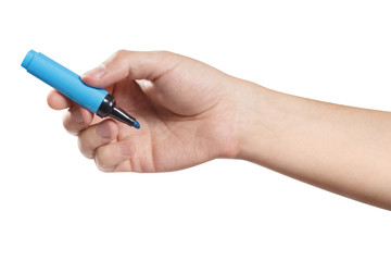 Hand giving somebody a blue marker, isolated on white background