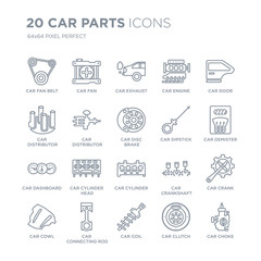 Collection of 20 Car parts linear icons such as car fan belt, fan, coil, connecting rod, cowl, door line icons with thin line stroke, vector illustration of trendy icon set.